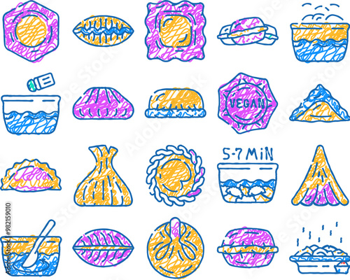 dumpling delicious meal recipe doodle icons set vector. sketch line art dumpling food with meat and vegetable ingredient, cooking bowling, kreplach and modak, tortellini dish color illustrations