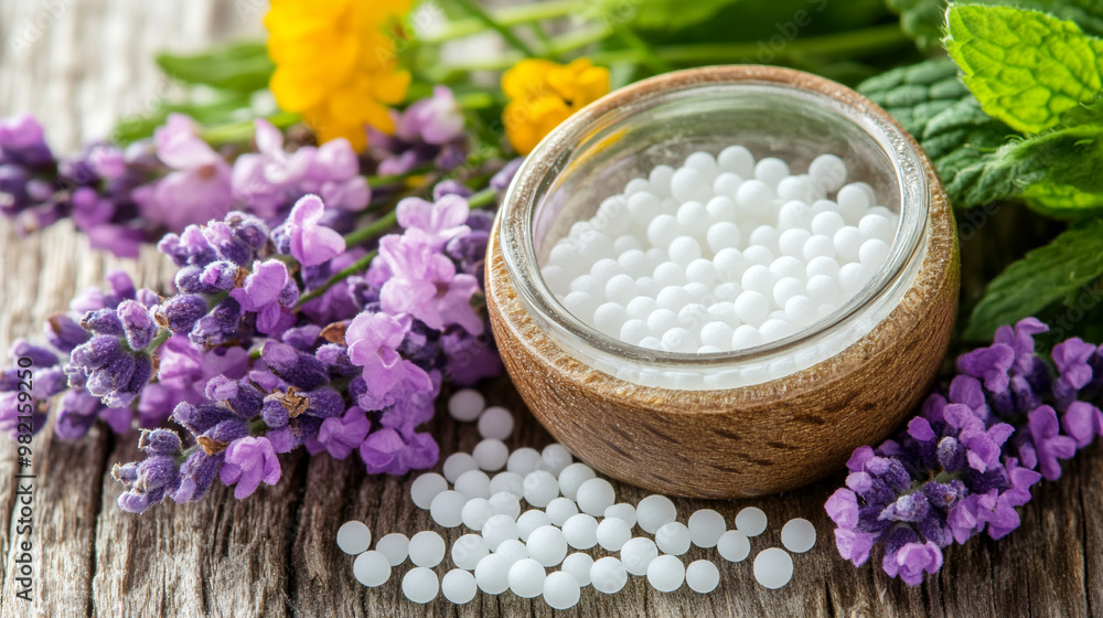Homeopathic beads in wooden bowl with lavender and fresh herbs Homeopathic beads in wooden bowl with lavender and fresh herbs