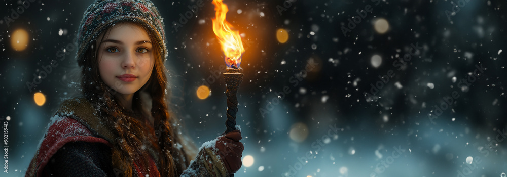 Girl in ethnic headscarf holding torch in snowy night. Winter solstice and Pagan New Year celebration concept. Image for event poster and holiday greeting card. Girl in ethnic headscarf holding torch in snowy night. Winter solstice and Pagan New Year celebration concept. Image for event poster and holiday greeting card.