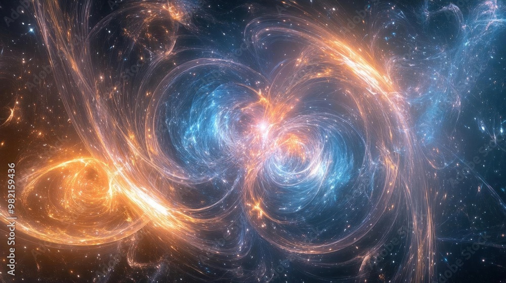 Fototapeta premium Abstract swirling light and nebula with orange and blue hues on a dark background.