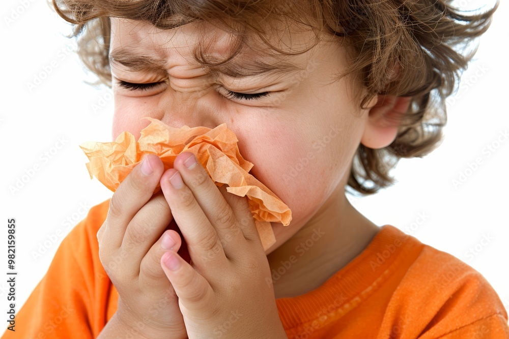 Young boy sneezing into tissue against a clean white background for health awareness Young boy sneezing into tissue against a clean white background for health awareness