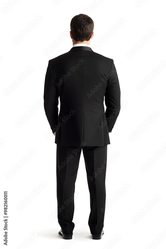 Corporate businessman in black suit standing back view isolated on white background
Corporate businessman in black suit standing back view isolated on white background