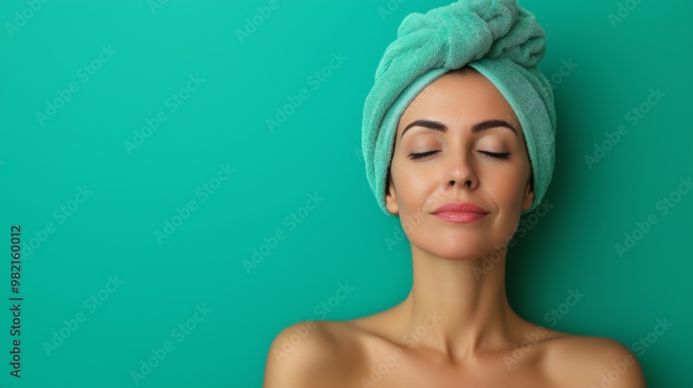 A serene woman with a towel wrapped around her head, eyes closed, standing against a bright green background, enjoying a relaxing and rejuvenating spa moment A serene woman with a towel wrapped around her head, eyes closed, standing against a bright green background, enjoying a relaxing and rejuvenating spa moment
