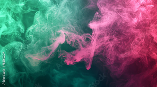 Bright, swirling smoke in shades of neon pink and electric green forms bold, energetic shapes, creating a striking abstract background with vibrant colors.