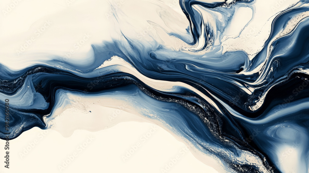 Obraz premium Liquid marble texture with bold navy blue and soft cream, with organic flowing lines creating a smooth abstract composition.