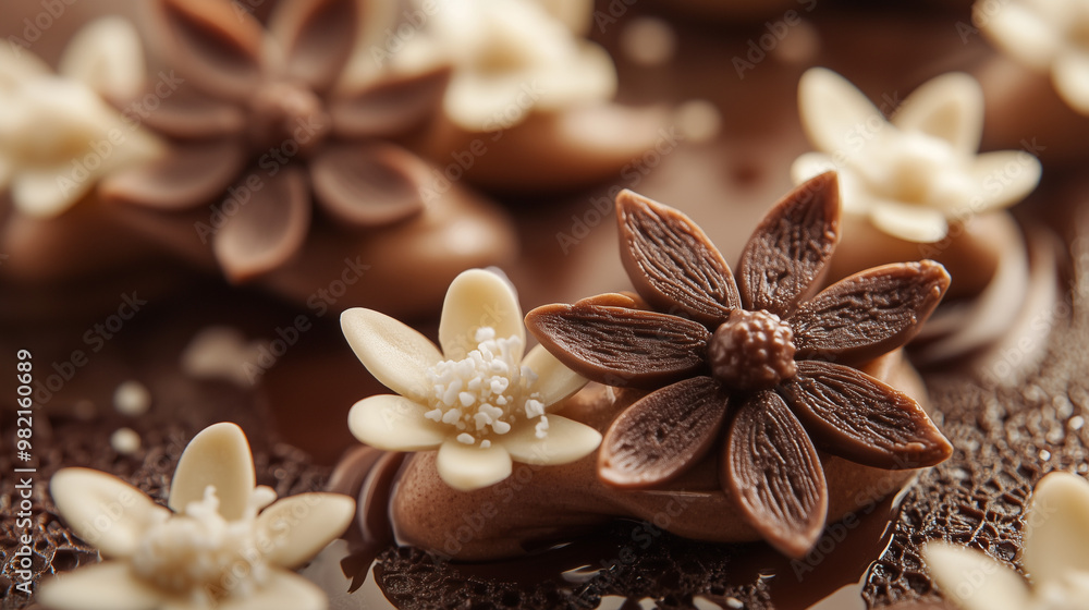 A close-up of exquisite chocolate flowers with intricate textures of dark and white chocolate in the background A close-up of exquisite chocolate flowers with intricate textures of dark and white chocolate in the background