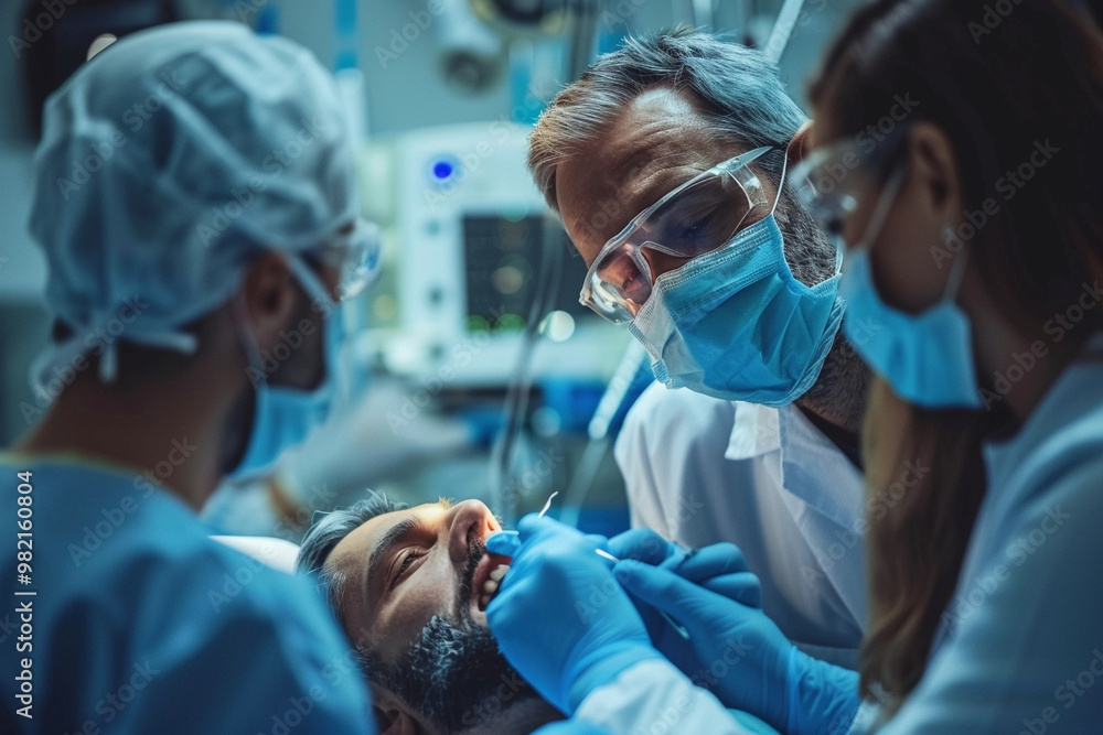 Several surgeons performing a surgical procedure on a man’s mouth Several surgeons performing a surgical procedure on a man’s mouth
