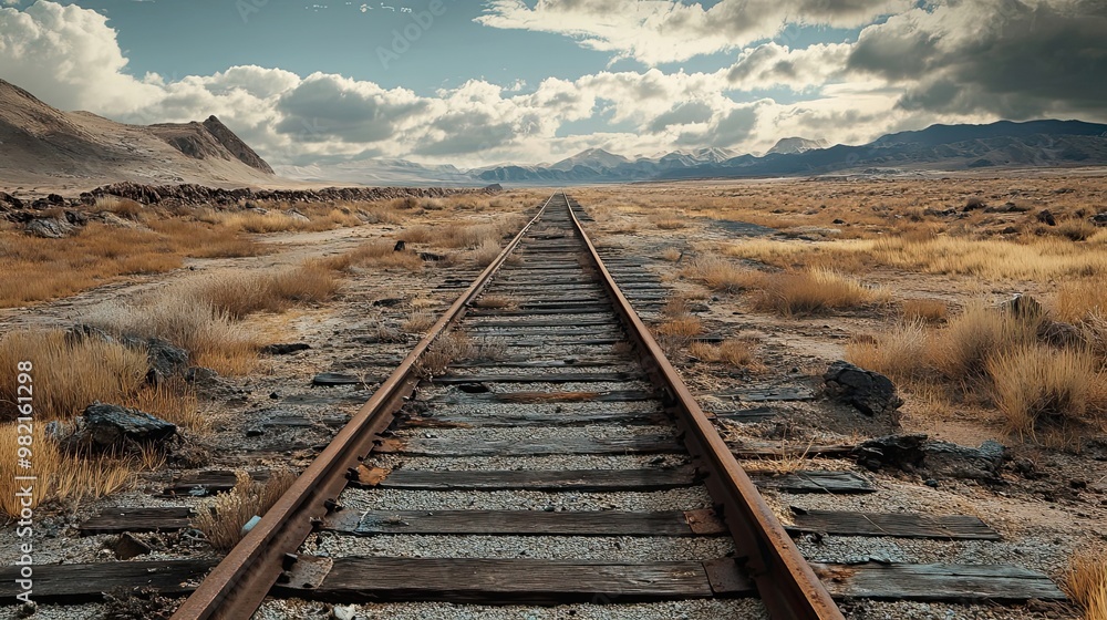 Rusty Railroad Tracks Leading Through a Desolate Mountain Landscape Rusty Railroad Tracks Leading Through a Desolate Mountain Landscape