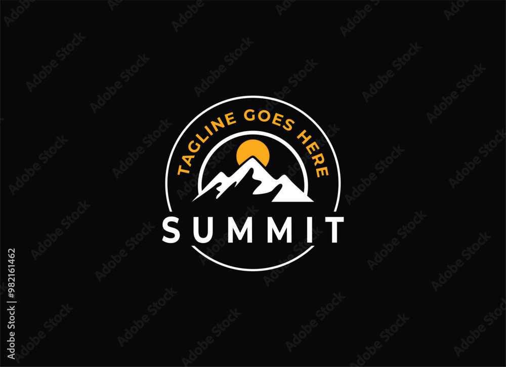 Emblem Label Logo design of Top Summit Peak with Sun or Moon for Mountain Adventure Outdoor Business Emblem Label Logo design of Top Summit Peak with Sun or Moon for Mountain Adventure Outdoor Business