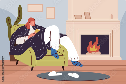 Freeze girl sits in armchair, warms up at fireside in winter frost. Young woman under blanket relaxes, reads book near fireplace. Person stays at home at cold weather. Flat vector illustration