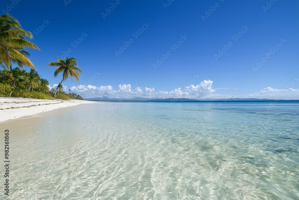 Fototapeta premium Idyllic tropical beach with crystal clear water, white sand, and palm trees swaying in the breeze under a bright blue sky