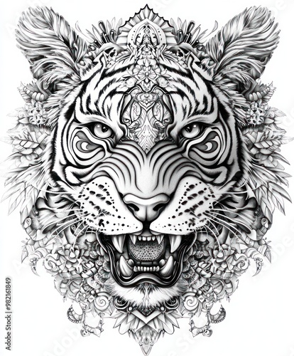 A detailed black and white illustration of a tiger's face surrounded by decorative elements.