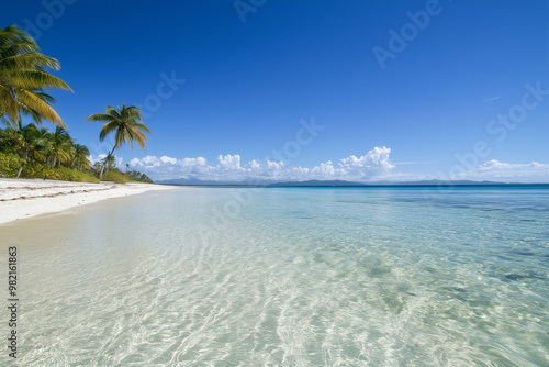 Idyllic tropical beach with crystal clear water, white sand, and palm trees swaying in the breeze under a bright blue sky