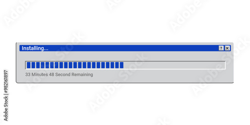Retro installing program in blue color. Old setup program for Pc. Progress bar on screen.
