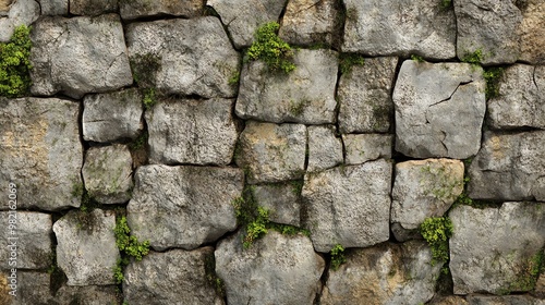 A weathered stone wall with moss growing in the cracks.