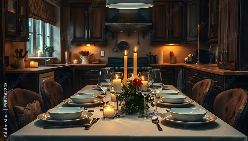 A cozy kitchen with a dining table set for a romantic dinner. The table is set with plates, glasses, and candles that create a warm, intimate atmosphere. The kitchen cabinets and countertops are made A cozy kitchen with a dining table set for a romantic dinner. The table is set with plates, glasses, and candles that create a warm, intimate atmosphere. The kitchen cabinets and countertops are made