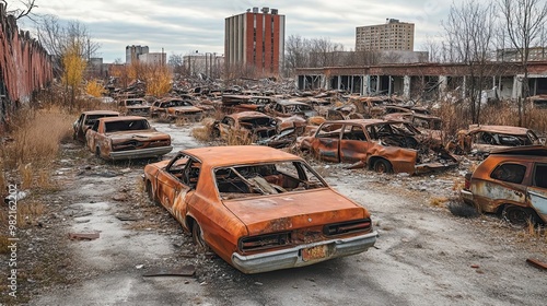 A rusted car graveyard in an urban wasteland photo