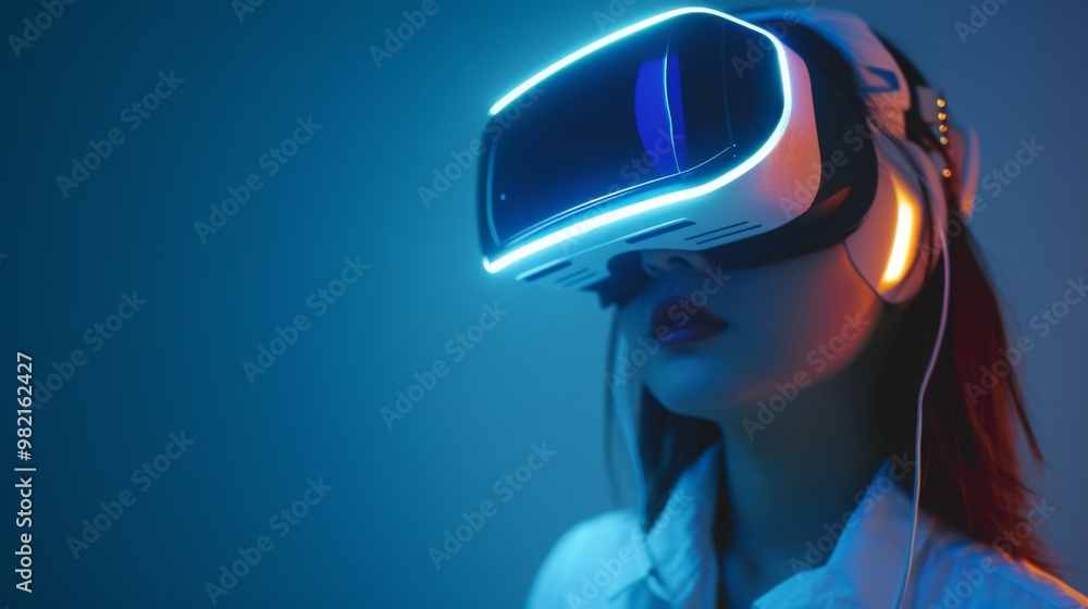 Woman Experiencing Virtual Reality with Glowing Headset Woman Experiencing Virtual Reality with Glowing Headset
