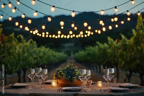 String Lights Over a Gourmet Dining Setup in a Vineyard photo