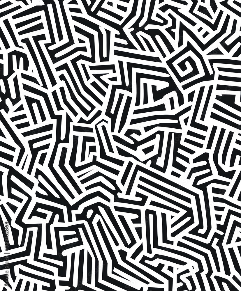 A complex pattern of abstract black and white lines creating a visually intriguing design. A complex pattern of abstract black and white lines creating a visually intriguing design.