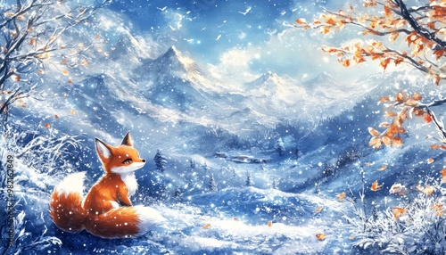 Enchanting Anime Winter Landscape: Curious Fox Foraging in Snowy Mountain Scene. Glistening Ice Crystals on Tree Branches. Vibrant Decorative Art for Travel Marketing, Cultural Promotions, and 4K Seas