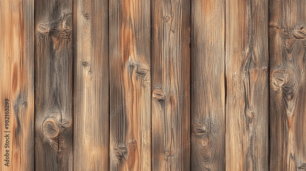 Naklejka premium A weathered wooden wall, with visible knots and grain patterns.