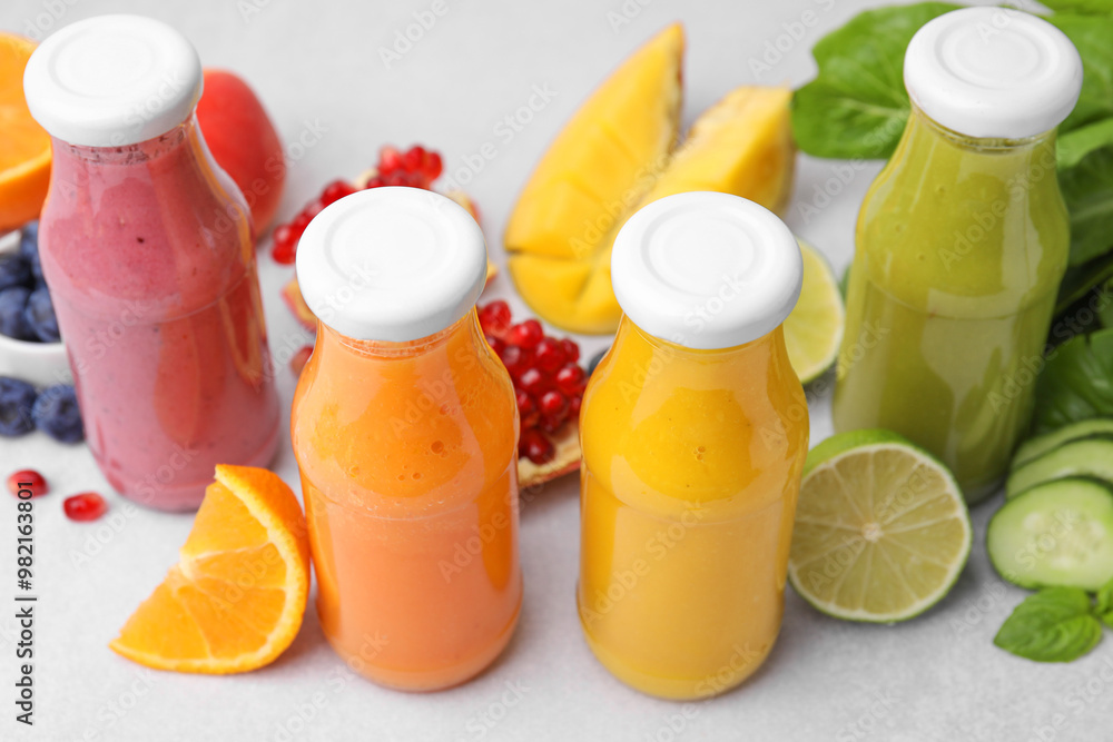 Glass bottles of tasty smoothies and different products on white table Glass bottles of tasty smoothies and different products on white table