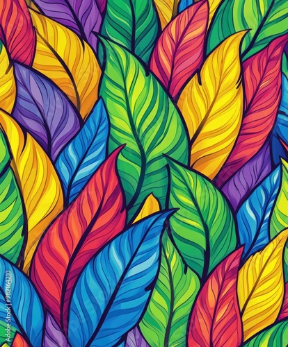 A vibrant pattern of colorful leaves in various shades and shapes.