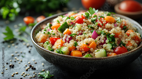 Bowl of quinoa salad with mixed vegetables and a sprinkle of seeds, nutrient-dense brain food, wholesome meal.