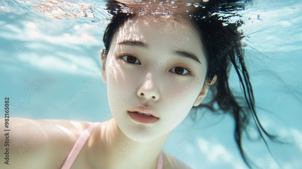 Beautiful young asian woman swimmer underwater in swimming pool with eyes open,fashion concept at hotel during her summer vacation trip,Summer and holiday concept,Copy space. Beautiful young asian woman swimmer underwater in swimming pool with eyes open,fashion concept at hotel during her summer vacation trip,Summer and holiday concept,Copy space.