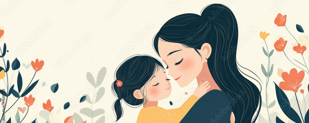 A sweet flat vector illustration of a mother and daughter embracing, their joyful expressions surrounded by colorful flowers, symbolizing their deep love and connection. A sweet flat vector illustration of a mother and daughter embracing, their joyful expressions surrounded by colorful flowers, symbolizing their deep love and connection.