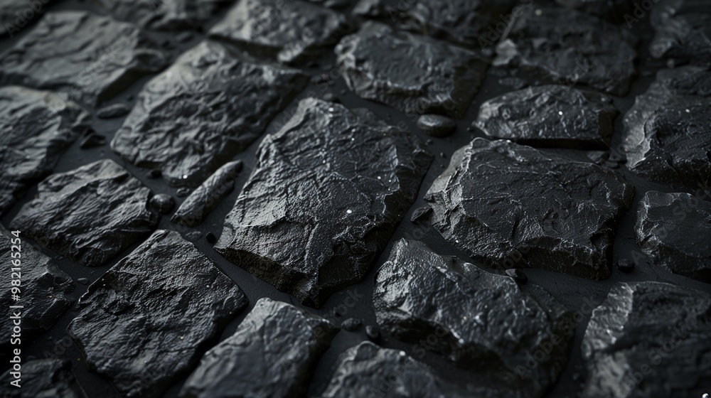 Close-Up of Black Cobblestone Surface Texture - Dark Stone Pattern Background for Construction and Landscaping Projects Close-Up of Black Cobblestone Surface Texture - Dark Stone Pattern Background for Construction and Landscaping Projects