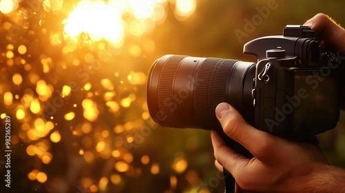 A photographer capturing a beautiful sunset with a professional camera, showcasing creativity and passion for photography.