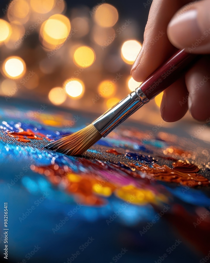 Fototapeta premium A close-up of a painter's hand using a brush to add vibrant colors to a canvas, with soft bokeh lights in the background.