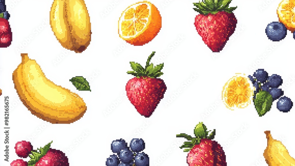 Fototapeta premium Pixel fruit icon set for games or mobile apps on color background, colorful pixel art with berries and exotic fruits, old style 8 bit icons,Retro pixel art food,vector collection,copy space.