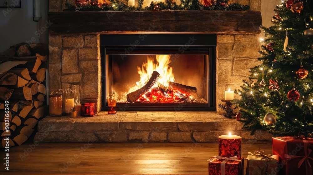 Cozy living room with a warm fireplace, festive decorations, and beautifully wrapped gifts for a perfect holiday atmosphere. Cozy living room with a warm fireplace, festive decorations, and beautifully wrapped gifts for a perfect holiday atmosphere.