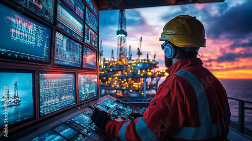 An oil worker monitors operations on a digital control panel while overseeing an offshore drilling rig at sunset.