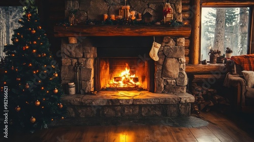 Cozy cabin interior with a stone fireplace, adorned with holiday decorations and a beautifully lit Christmas tree. photo