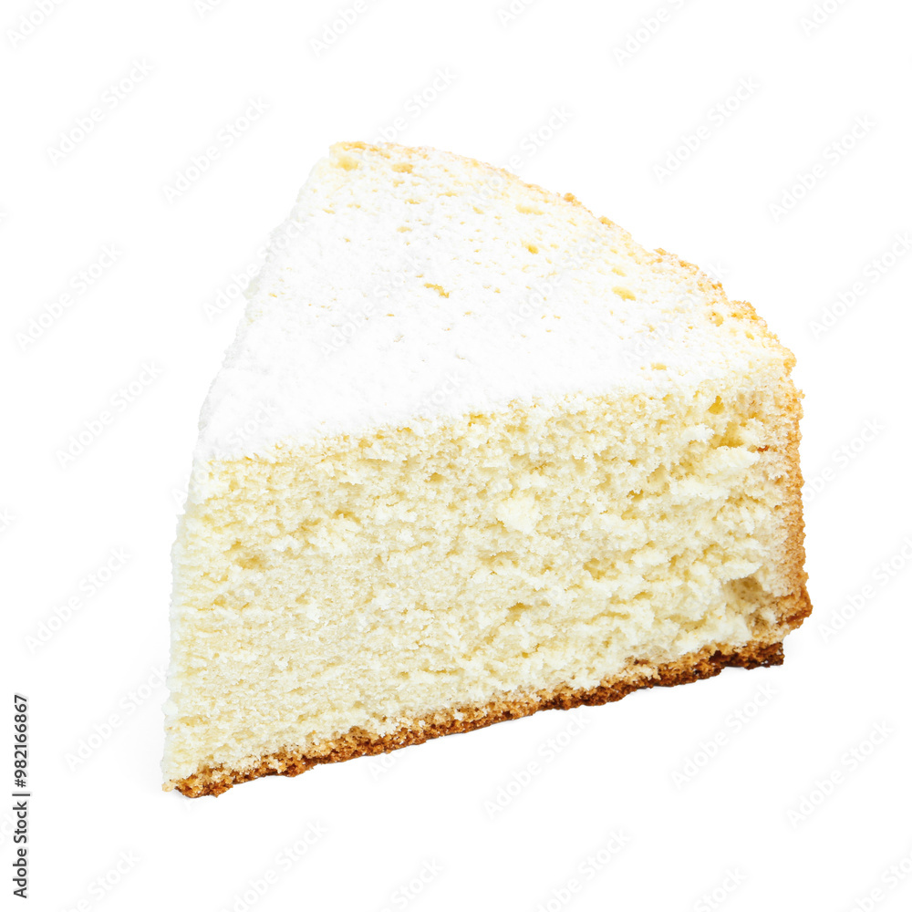 One piece of delicious sponge cake with powdered sugar isolated on white One piece of delicious sponge cake with powdered sugar isolated on white