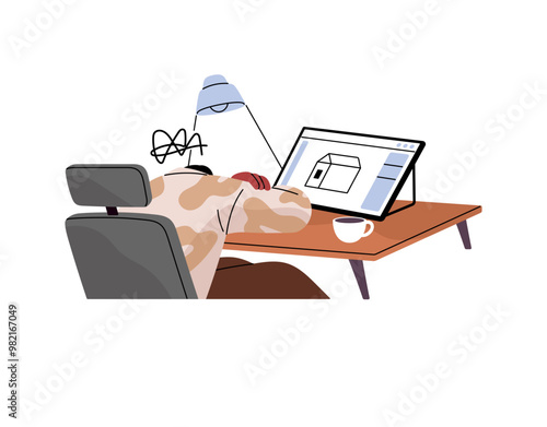 Crisis at work, creative burnout concept. Tired architect with low energy lying on desk. Engineer in depression, frustration, lack of inspiration. Flat isolated vector illustration on white background