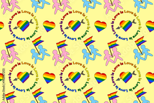 Colorful LGBT pride pattern featuring hearts, flags, and slogans. Perfect for celebrating love and equality in all forms.