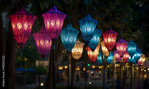 Series of colourful aakash kandil lights displayed in Pune city area photo