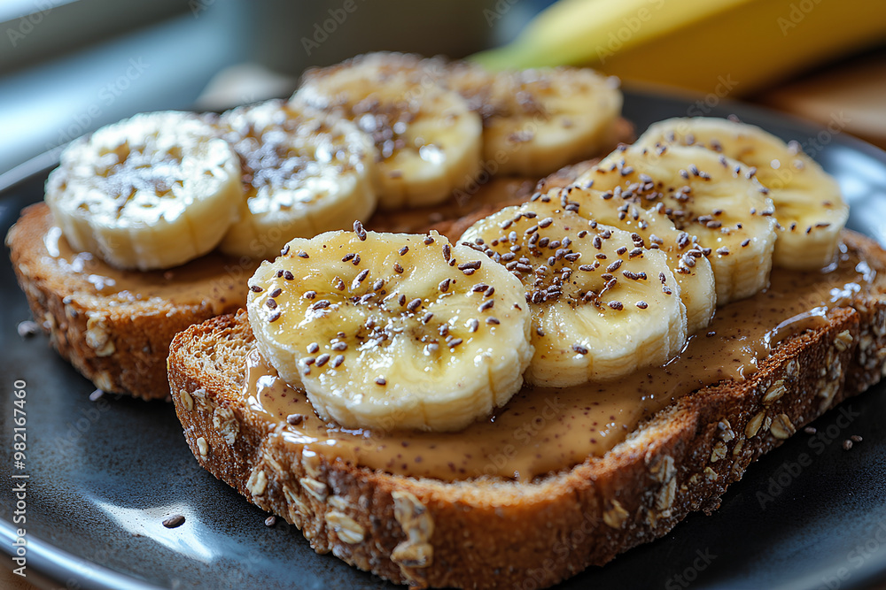 Spread almond butter on whole wheat bread and top with banana. Spread almond butter on whole wheat bread and top with banana.