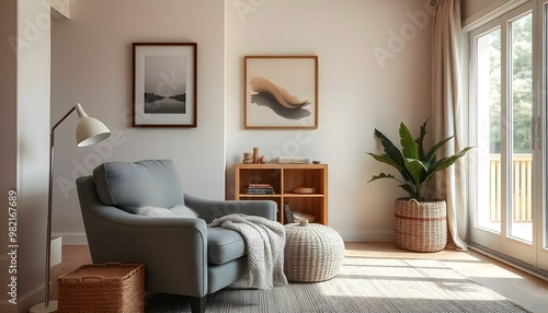 A cozy and inviting living room with a plush  armchair, a woven basket, and a framed artwork on the wall. The room has a warm and relaxing atmosphere with soft lighting and a view of the outdoors thro