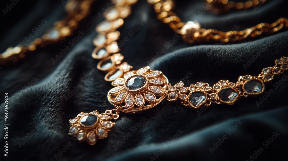 Fototapeta premium Gold Necklace with Precious Stones on Velvet Surface