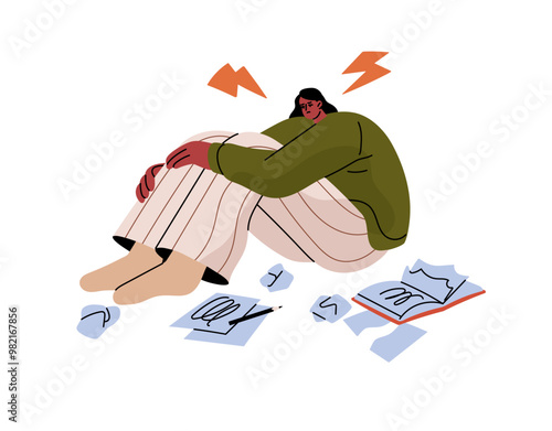 Creative burnout concept. Sad author with crisis at work sits on floor. Tired writer with no idea is in depression. Girl in frustration, stress. Flat isolated vector illustration on white background