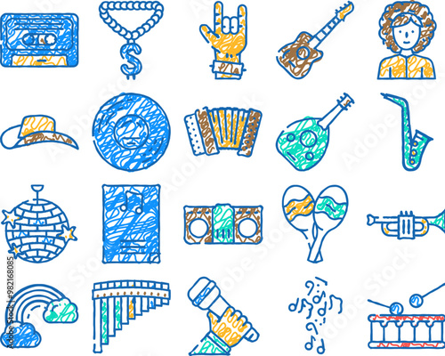 music genres audio performance doodle icons set vector. sketch line art classical and country, pop hip hop, jazz and electronic, disco funk music genres. musical entertainment color illustrations