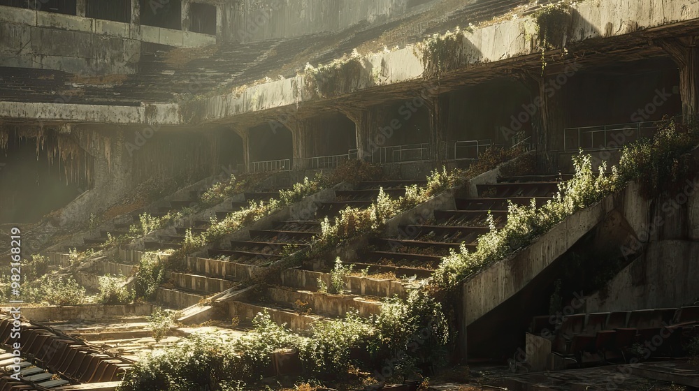 Fotografie Overgrown Concrete Structure with Sunbeams and Shadows