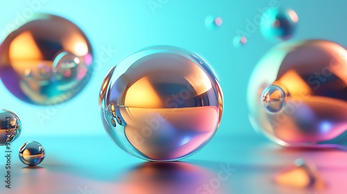 Shiny iridescent spheres on a blue and pink background.