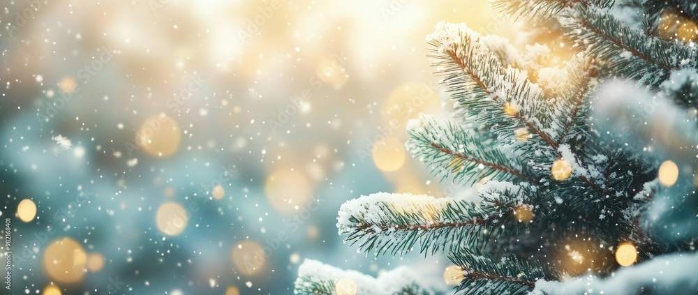 A beautiful snow-covered Christmas tree background with falling snowflakes and bokeh lights. A beautiful snow-covered Christmas tree background with falling snowflakes and bokeh lights.